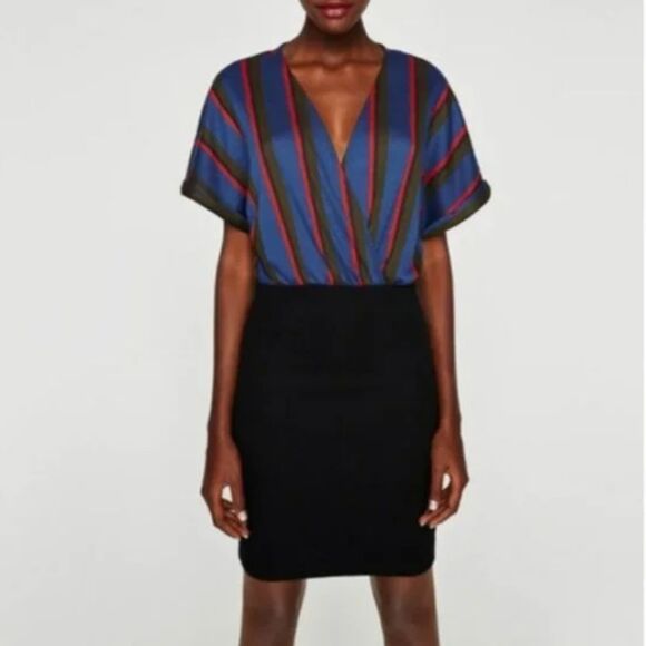 Zara Contrast Color‎ Dress Faux Wrap Striped Fitted Bottom Medium - Picture 2 of 8